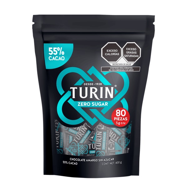 Turin Zero Chocolate Amargo Sin Azúcar. Tubo 480g. Bite Size 5g