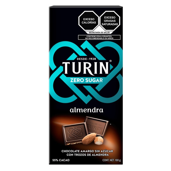 Turin Almendras Zero Chocolate Amargo Sin Azúcar Tablilla. 100g