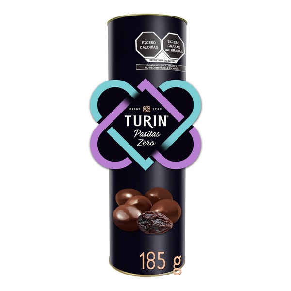 Turin Snacks Pasitas cubiertas de Chocolate Semiamargo Sin Azúcar Tubo 185 g