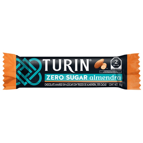 Turin Almendra Zero Chocolate Semiamargo Sin Azúcar con Trozos de Almendras. Tableta 16g
